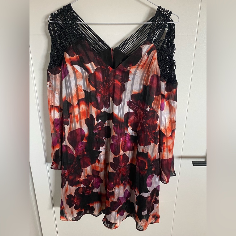 Guess Floral Long Sleeve Dress - Black, Red, Purple